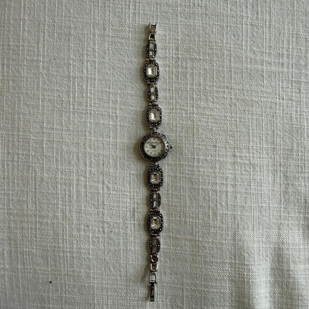 Xanadu Vintage Silver Tone Marcasite Crystal Bracelet Watch Art Deco Style